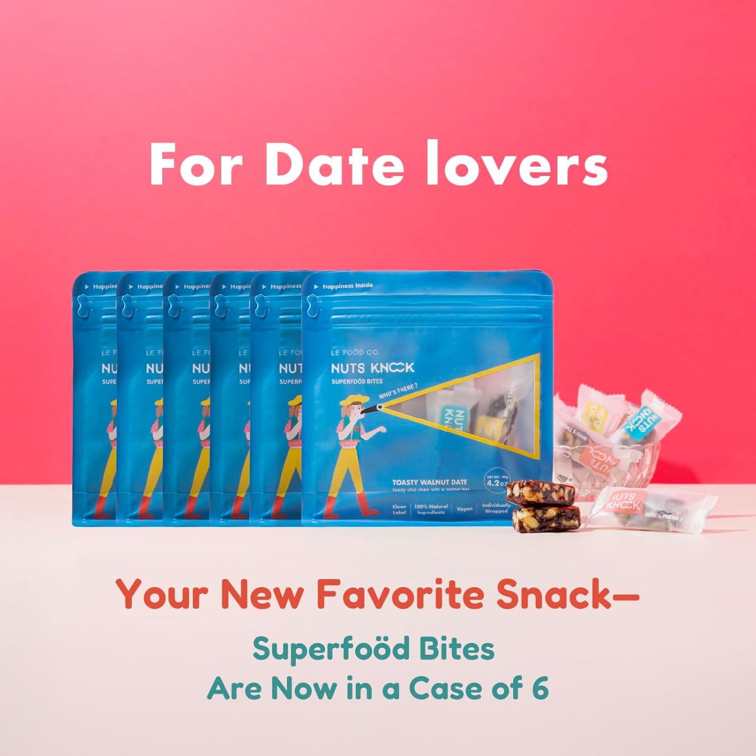 Nuts Knock Toasty Walnut Date Superfood Bites | x6 Grab-and-Go Bags (10-11 pieces each) | Walnut & Date Crunch Snack | Clean Label, Natural Sweetness, Healthy Treat