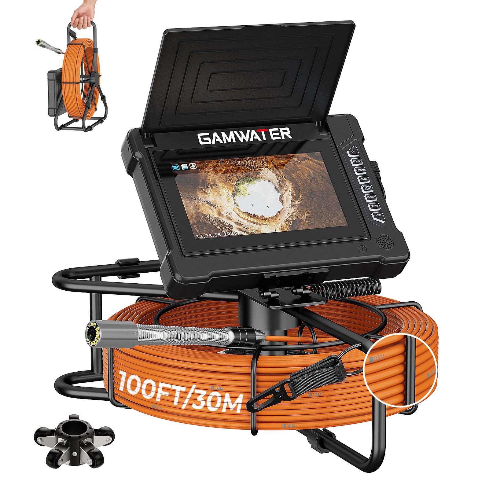 Sewer Camera 100FT/30M 23mm Pipe Inspection Camera DVR & Audio Recorder with 7" IPS Screen, Plumbing Snake Borescope 12 LEDs HD 1000TVL, Included 32GB Card