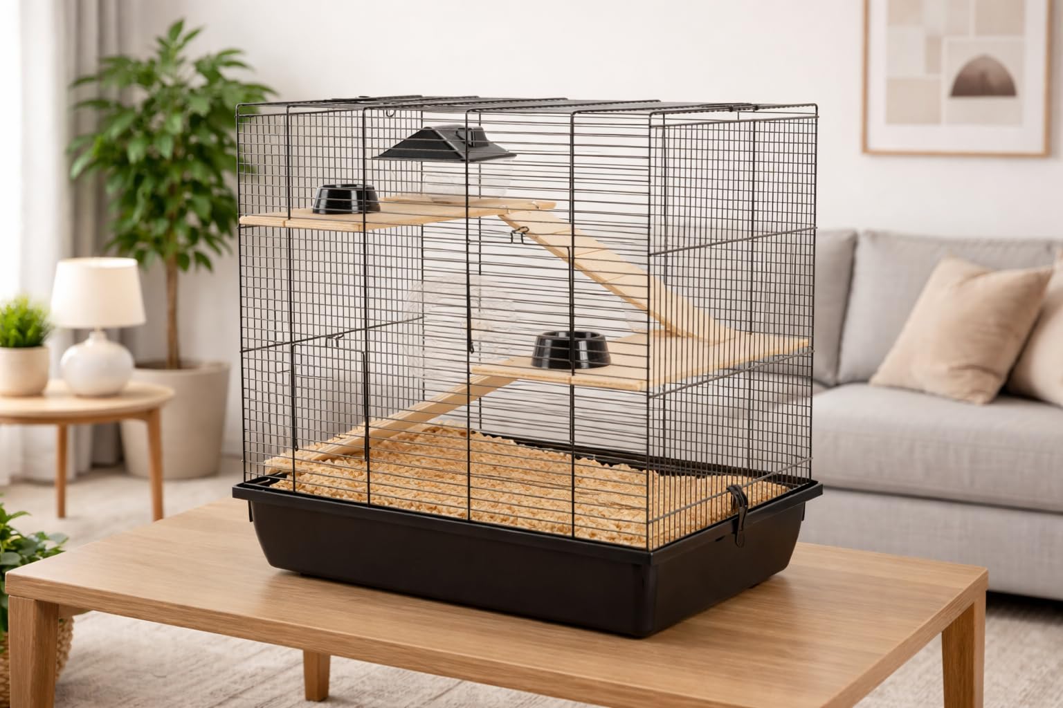 Cage pour Hamster, Souris et Rongeurs 59 x 38 x 55 cm, Noire, Avec Accessoires