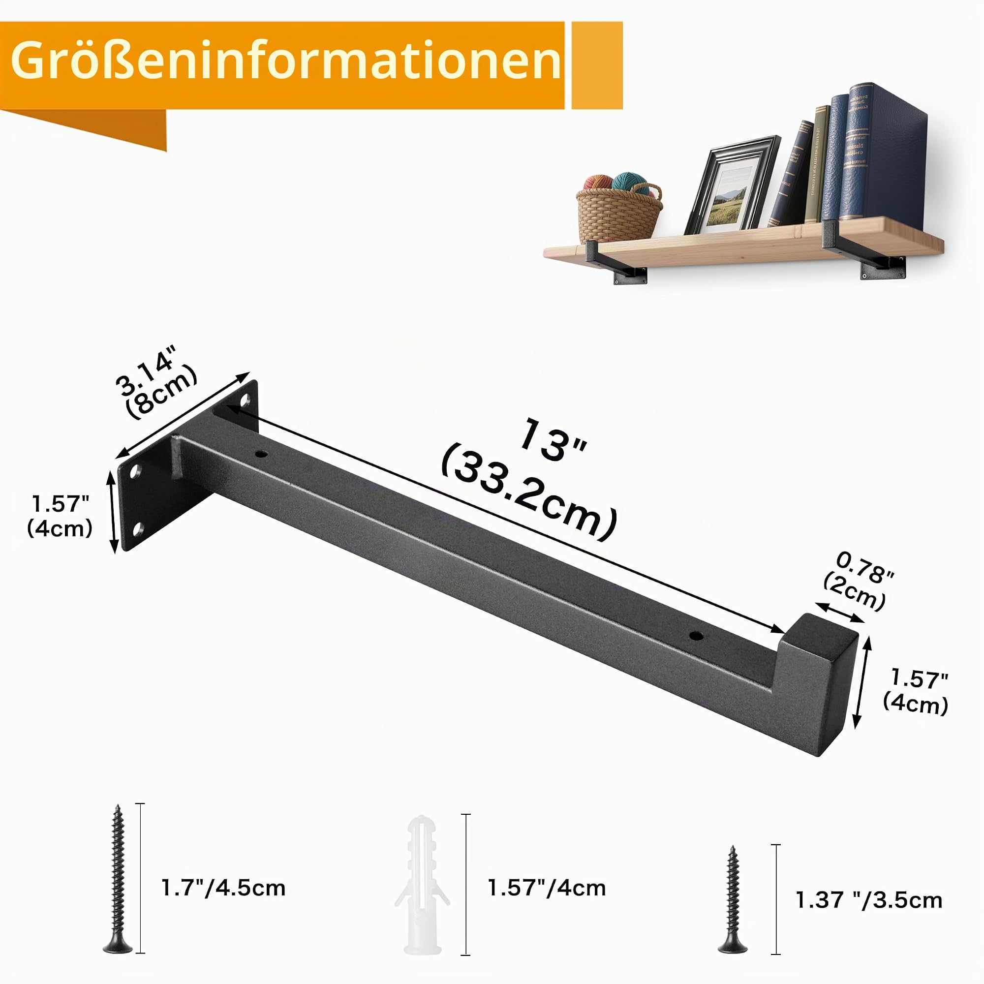 Ezydecor, Regalhalterung, 33 cm, Schwarz, wandmontierte Industrie-Regalträger, Metallregalstützen mit Kante (6er-Pack)