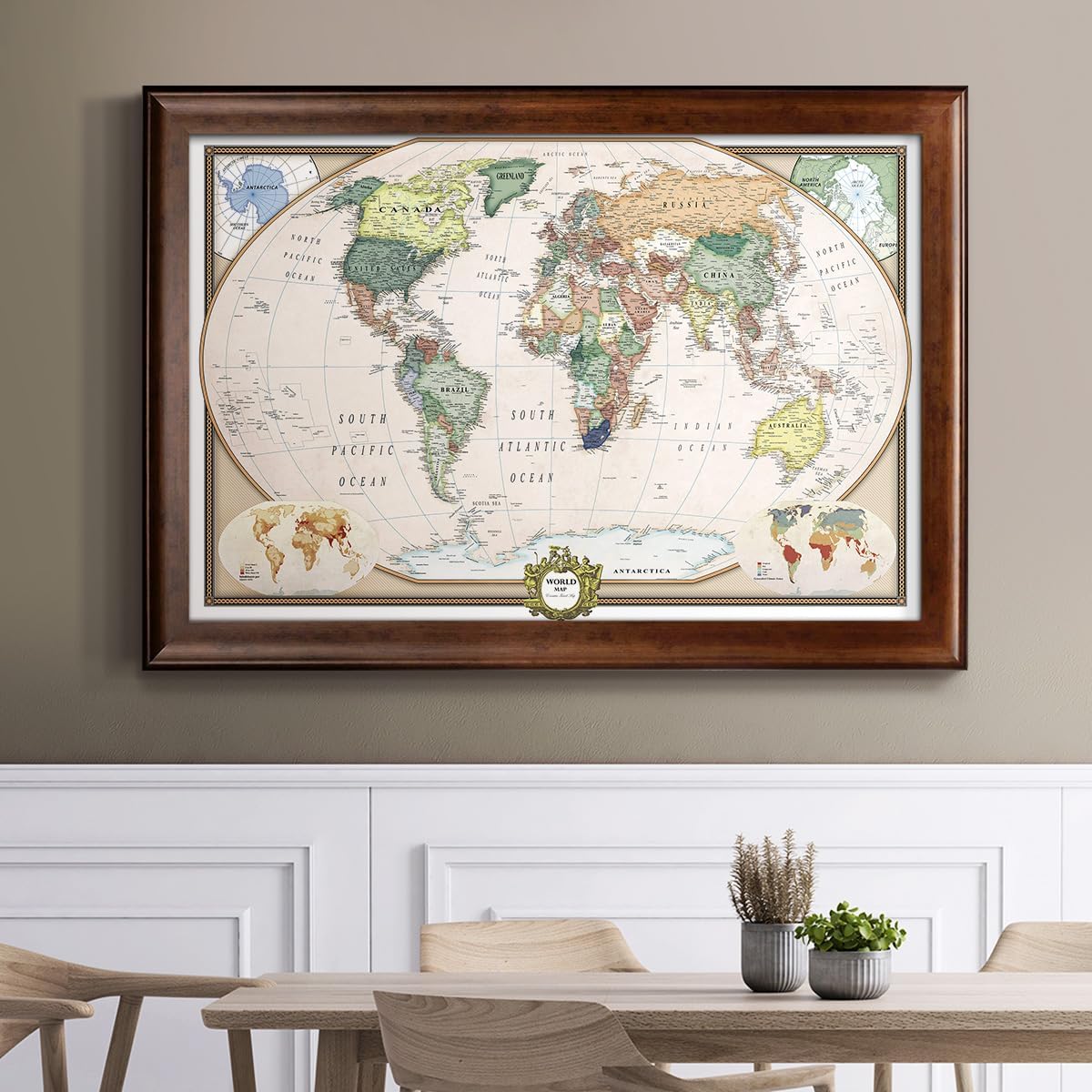 Renditions Gallery Colorful World Map Canvas Wall Art with Walnut Frame Wall Hanging Travel Map with Push Pins for Home, Office, Classroom