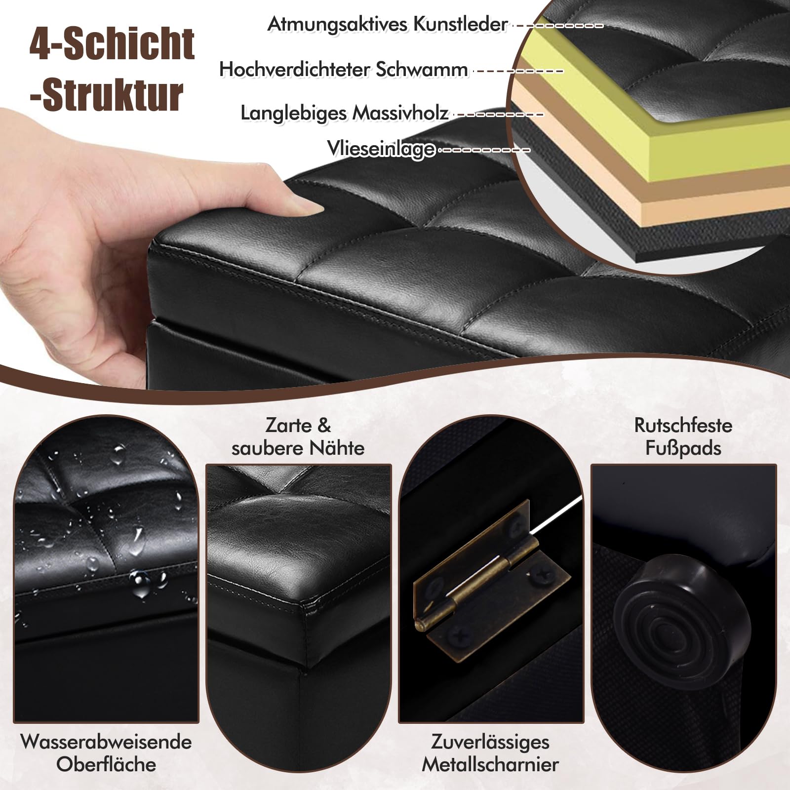 COSTWAY Sitzhocker mit Stauraum, Sitzwürfel aus PU, Sitzbox belastbar bis 300kg, Polsterhocker mit Deckel, gepolsterte Sitztruhe Fußhocker Aufbewahrungsbox, 40 x 40 x 40 cm (Schwarz)