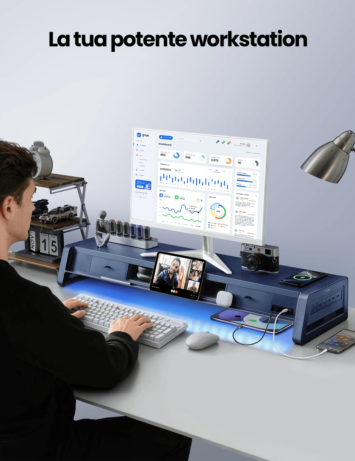 VAYDEER All-in-One Dual Monitor Stand Riser con 2 cassetti, 8USB Ports e Wireless Charging Pad con LED Light Strip per 2 monitor, Desk Organizer per PC, iMac (metallo, 39,3 pollici)
