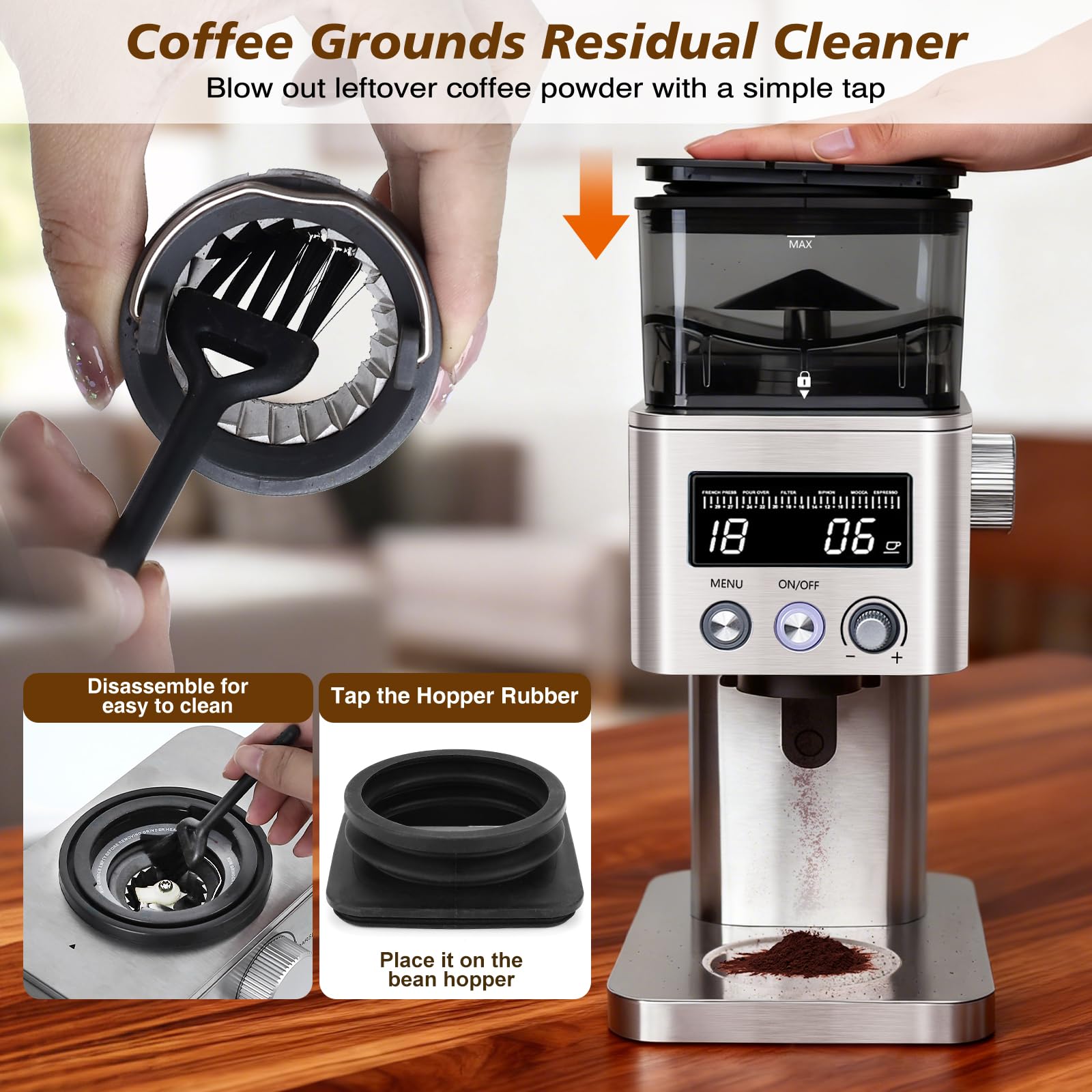 Aigostar Elektrische Koffiemolen met 52 Maalstanden, Conische Maalschijf Geschikt voor Espresso, Professionele Elektrische Koffiemolen met Nauwkeurig Digitaal Display, Rvs Koffiemaler, Zilver
