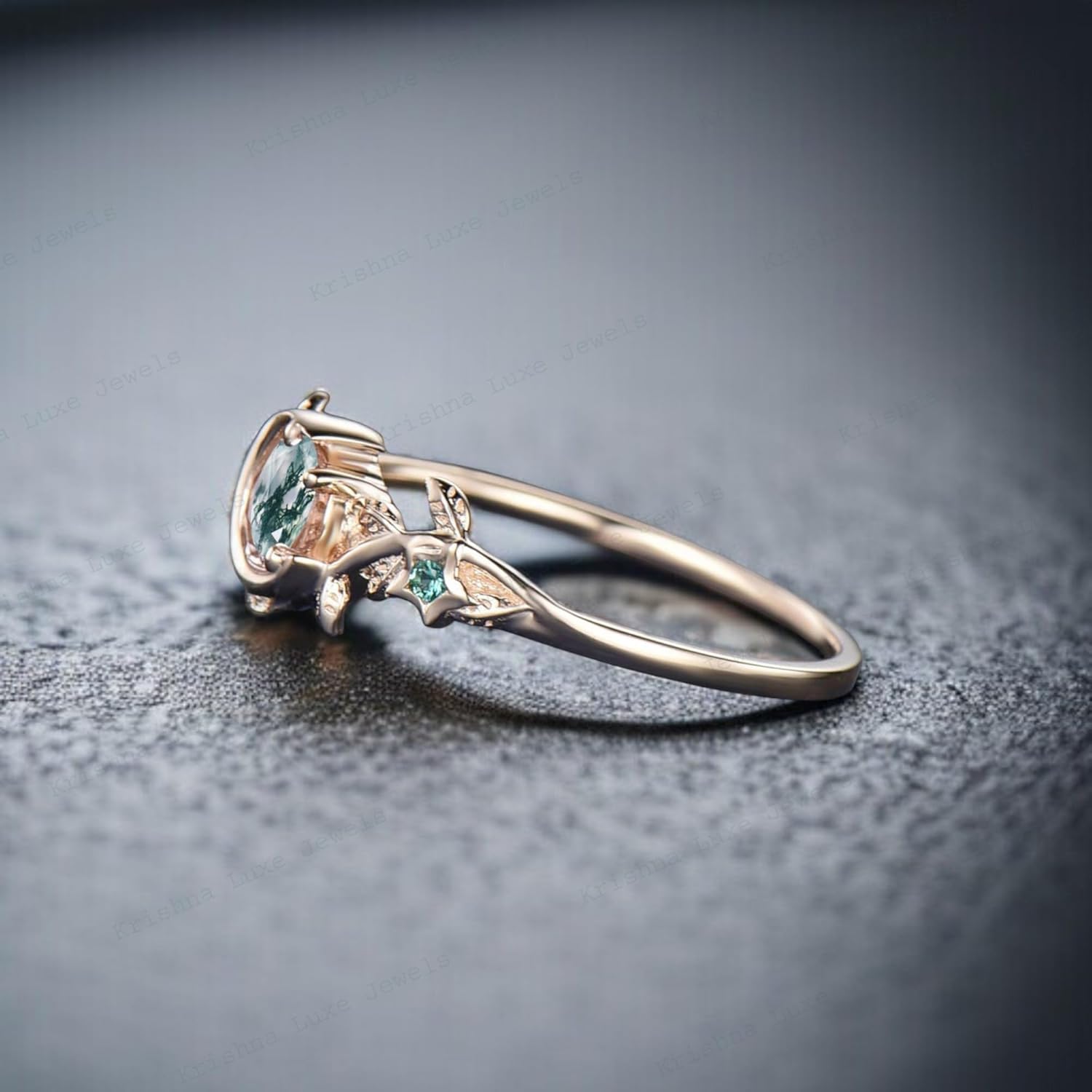 Nature Inspired Natural Moss Agate Ring Moon Star Design Vintage 5mm Round Moss Agate Engagement Ring Leaf Green Emerald Dainty Wedding Ring