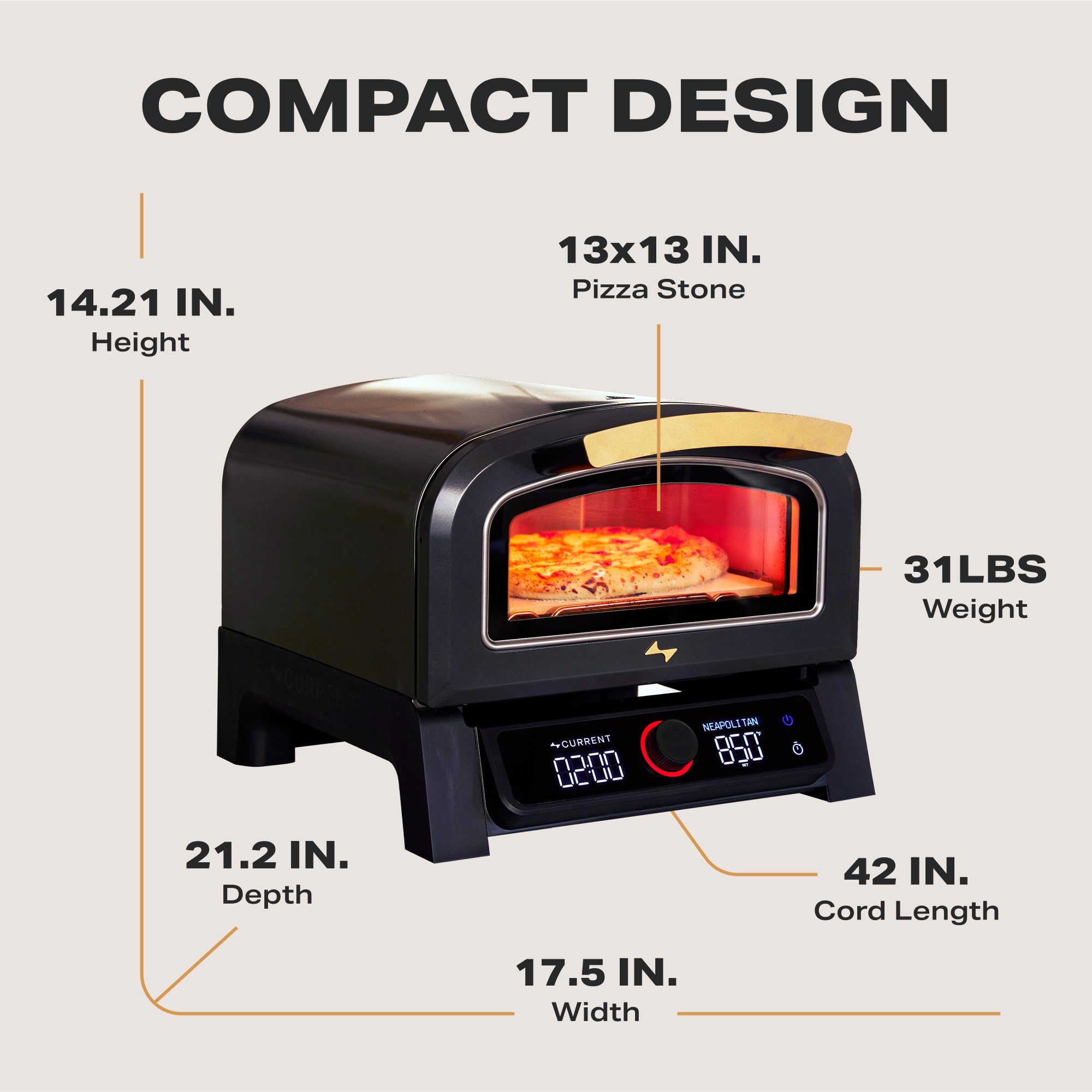 Current Horno eléctrico inteligente para pizza Model P, 12 pulgadas, 454.4 °C máximo, múltiples modos de cocción, conectividad de aplicación para monitoreo de temperatura y tiempos de cocción