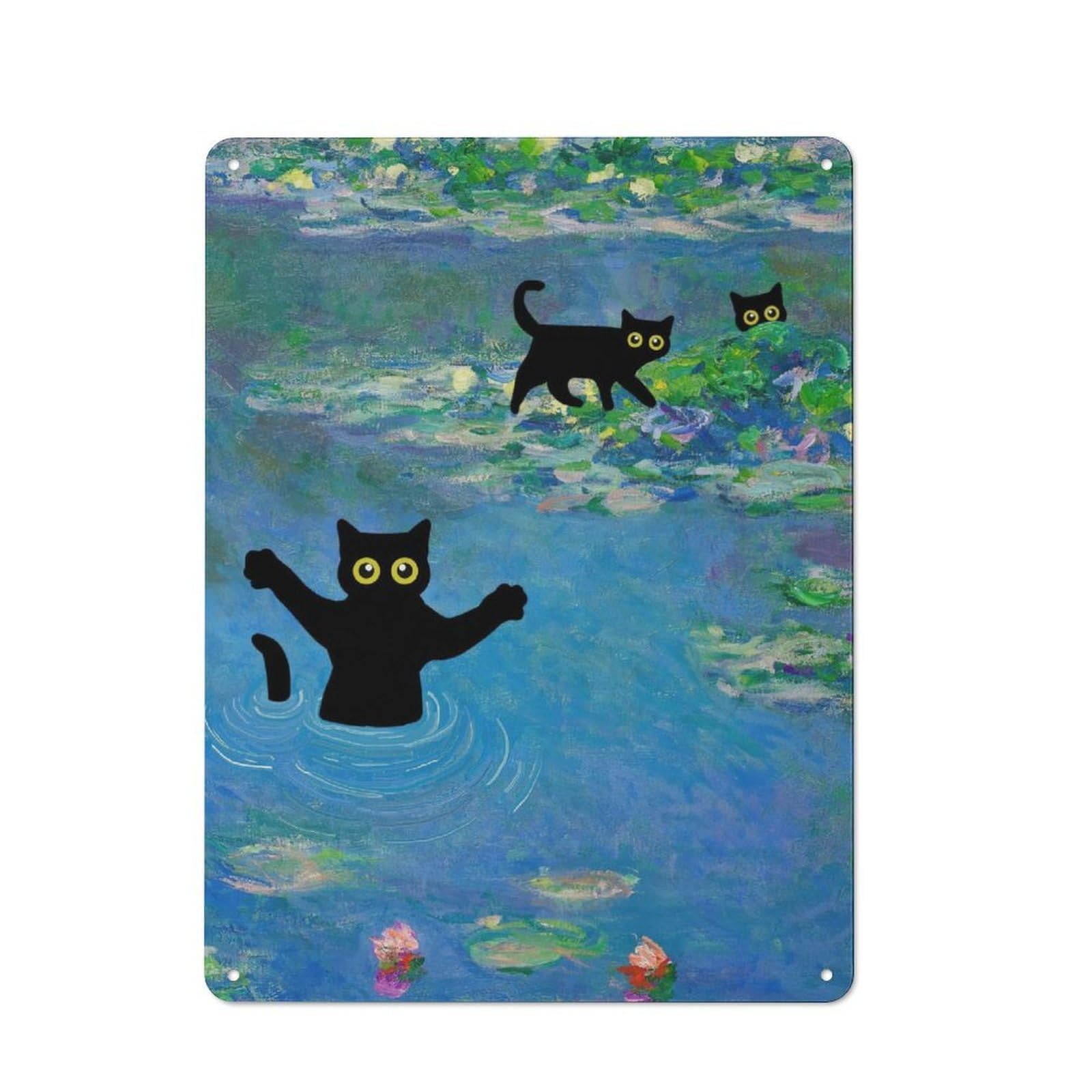 Monet Cat Waterlilies Printed Metal Sign 40x30cm for Living Room Or Hallway, for Home Wall Decor Collectors