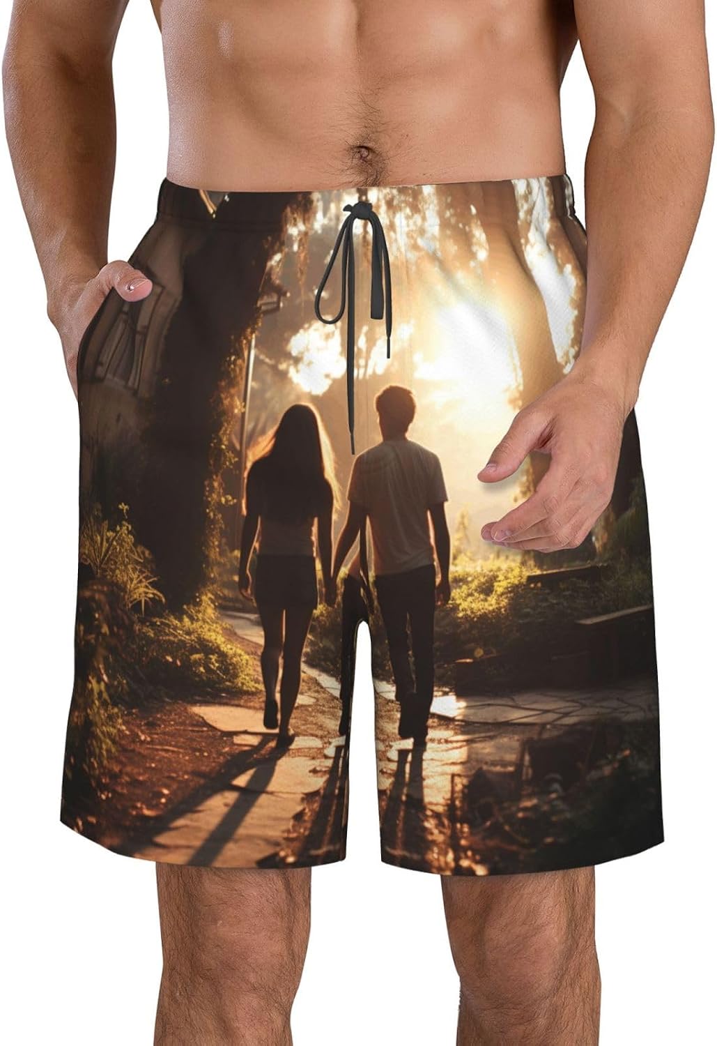 Couple in Love Walking Print Mens Casual Shorts Drawstring Summer Beach Stretch Shorts Novelty Swimtrunks White