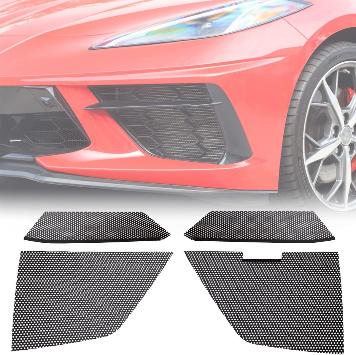 4Pcs Car Radiator Grille Vent for Corvette C8 2020-2022, Aluminum Automotive Body Bumper Protect Cover, Black Honeycomb Front Inner Outer Mesh Grill Set Car Radiator Grille Vent