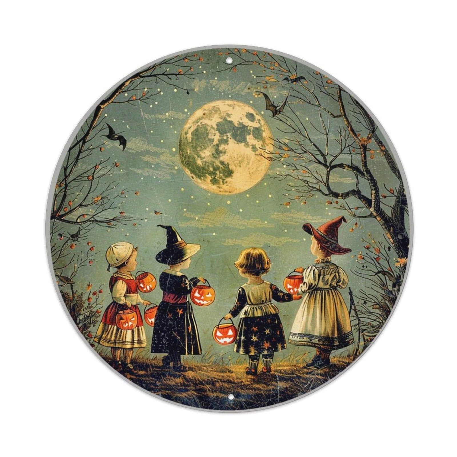 Vintage Halloween Children Moonlit Night Tin Sign Metal Poster Vintage Metal Signs for Home Man Cave Bar Cafe Kitchen laundry room Wall Decorations 8x8 inches