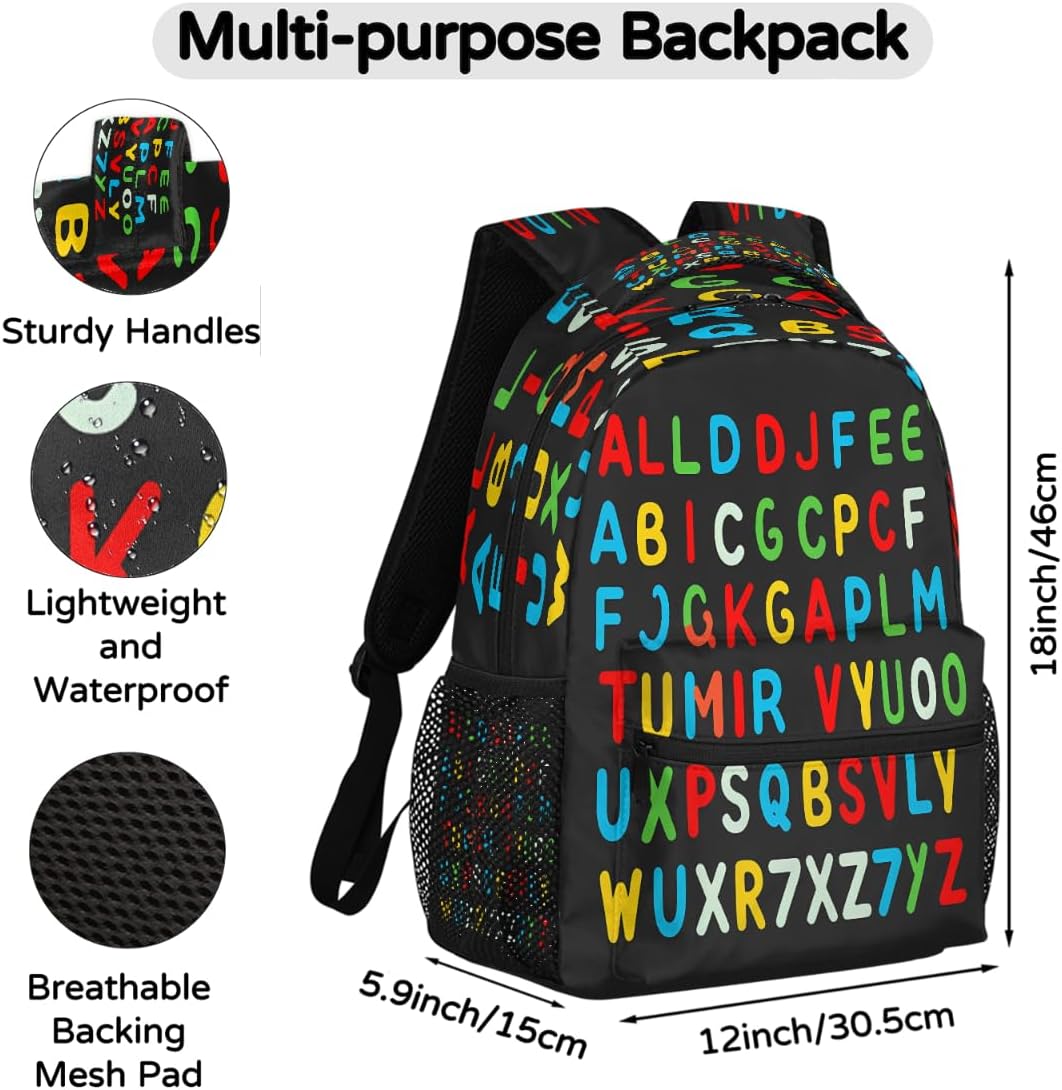 Education Alphabet School Bag Backpack College Bookbag, Rainbow Letter Laptop Backpacks Computer Bag Travel Hiking Camping Daypack for Women Girls Men Boys Students
