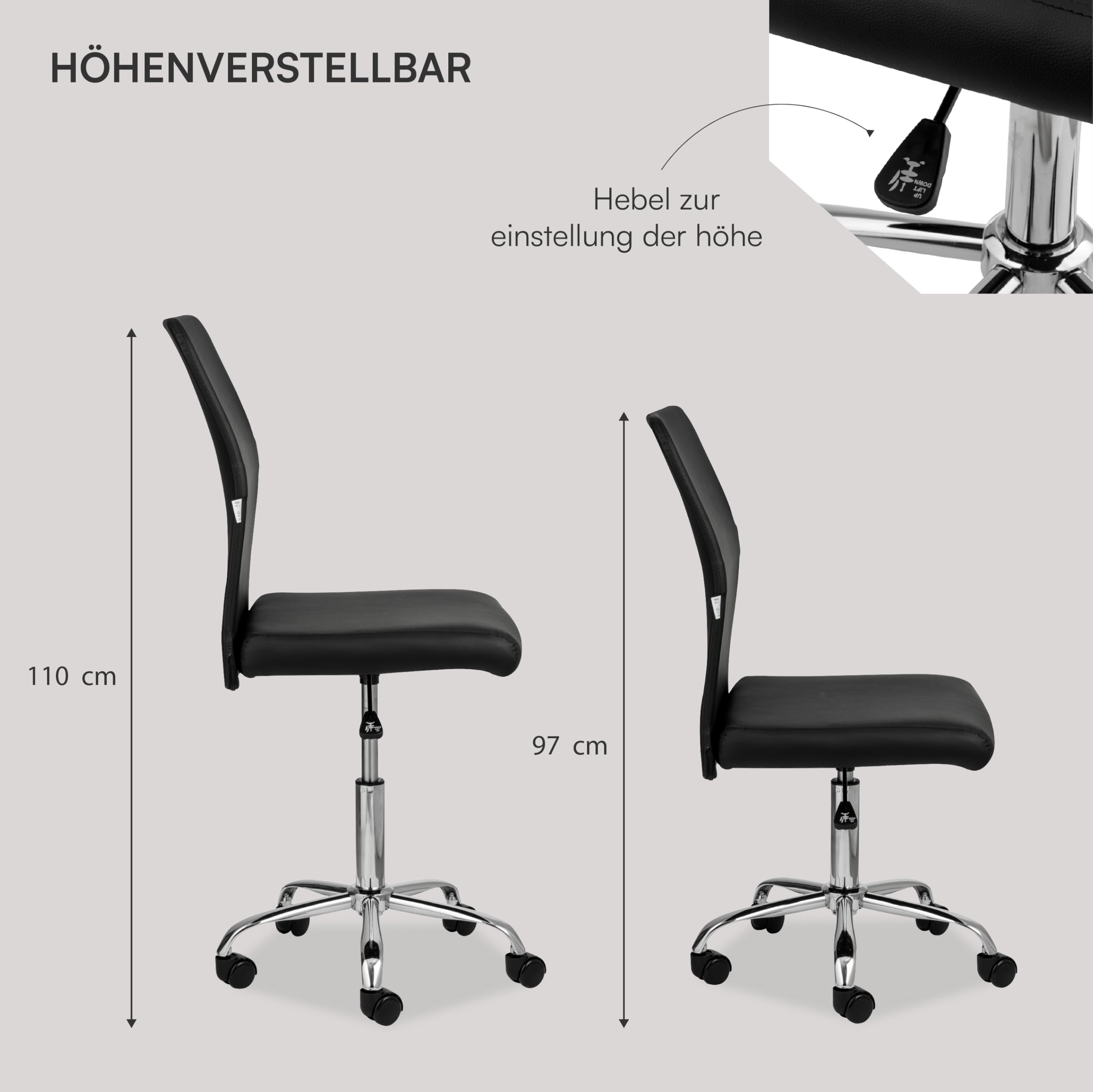 Baroni Home Bürostuhl aus Stoff, um 360 Grad drehbar, gepolsterter Bürostuhl mit Verstellbarer Höhe ohne Armlehnen, ergonomischer Sitz, 44x50x110 cm, Schwarz Kunstleder