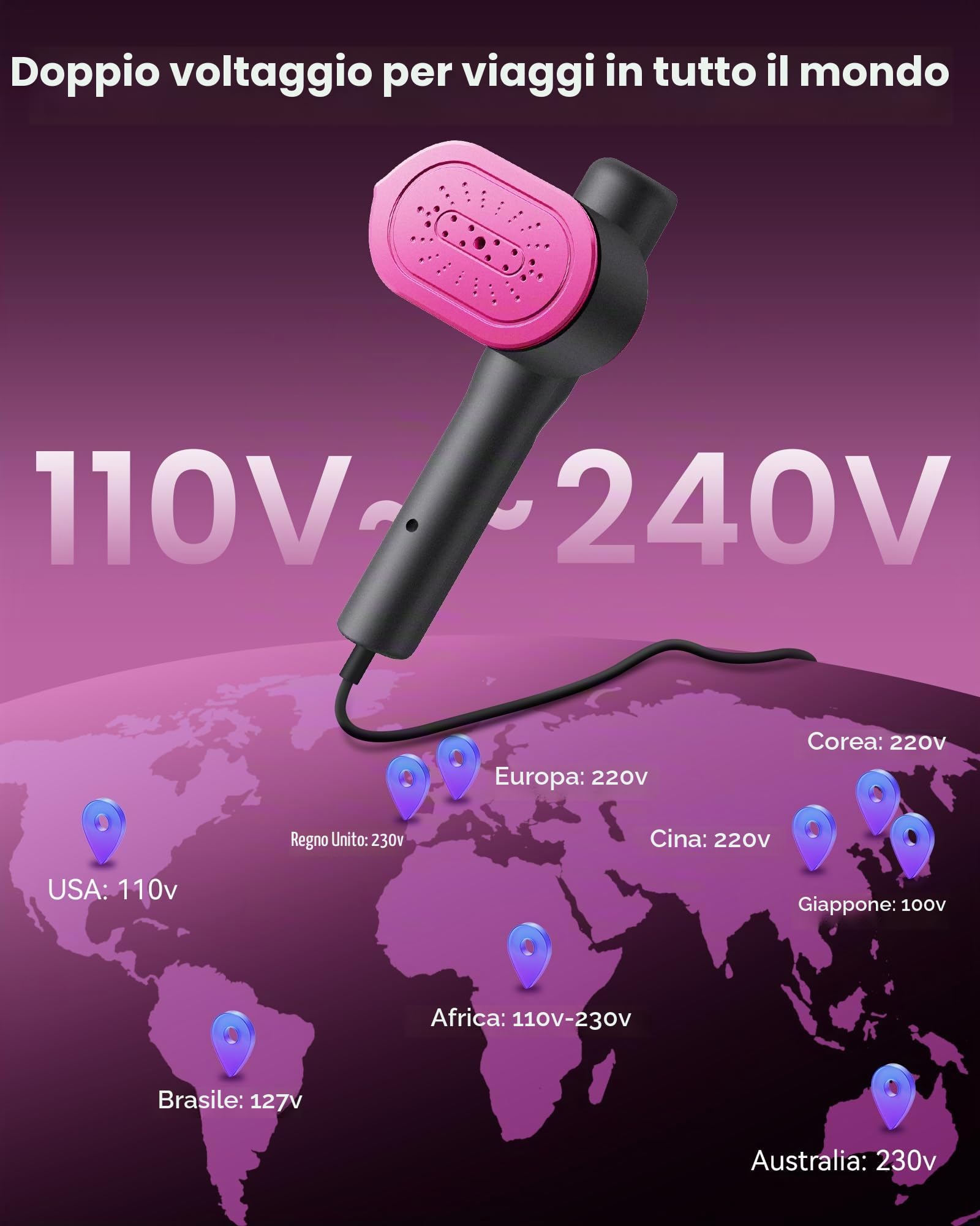 Vaporizzatore da viaggio per vestiti, 110-240 V a doppia tensione, 1200 W di calore veloce in 15 secondi, vapore portatile per indumenti e ferro 2 in 1 con serbatoio da 140 ml e 5 impostazioni