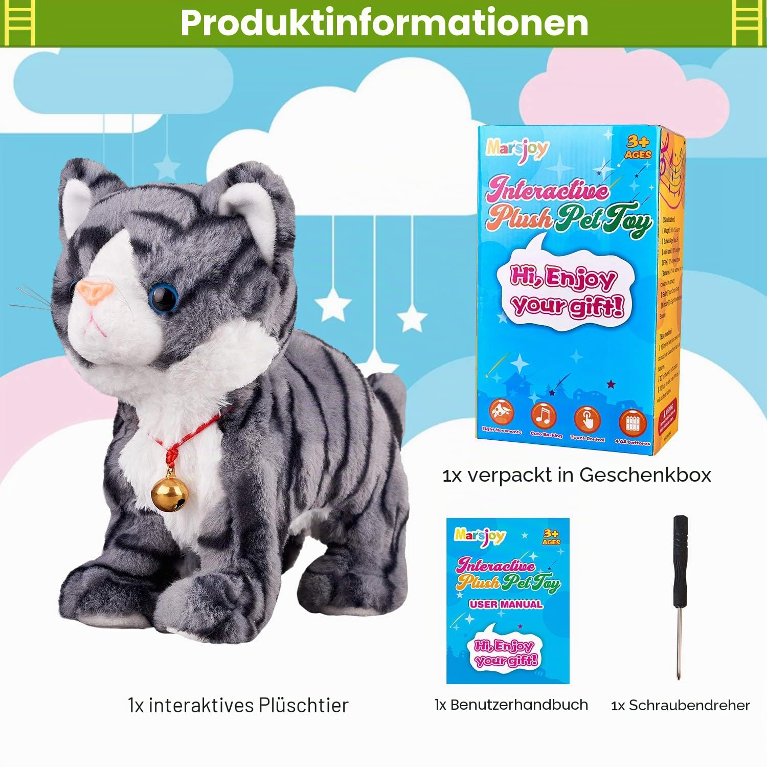 Marsjoy Interaktive Plüschkatze, Plüschtiere, graues Roboter, mit Berührungskontrolle, elektronisches Katzen-Haustier, Roboter-Katzen-Spielzeug, animiertes Spielzeug für Mädchen, Kinder, L: 30.5 cm