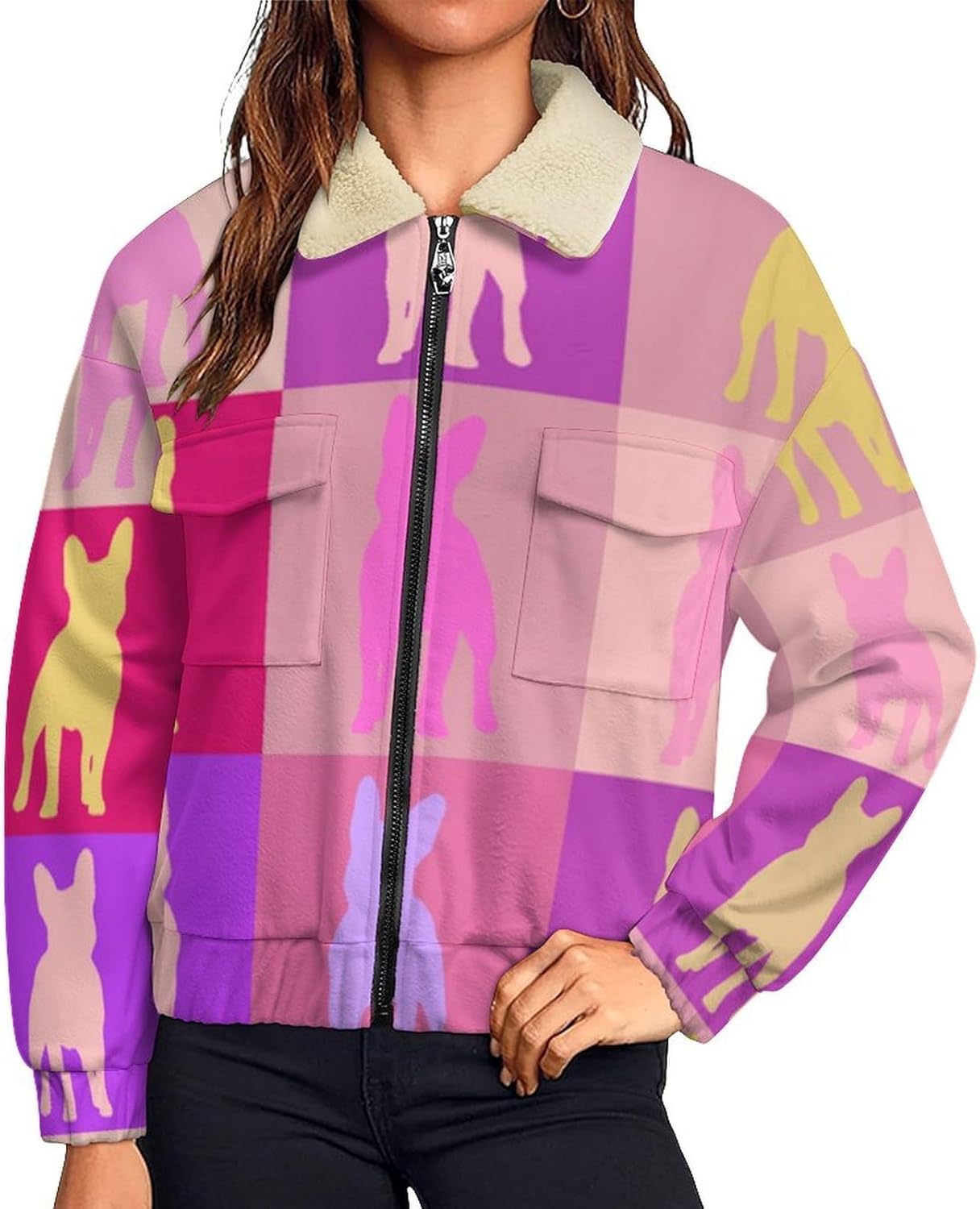 ジャケット レディース フレンチブルドッグ犬 ジップジャケット ブルゾン スタジャン 野球服 コート 裏起毛 厚手 防風 防寒 上着