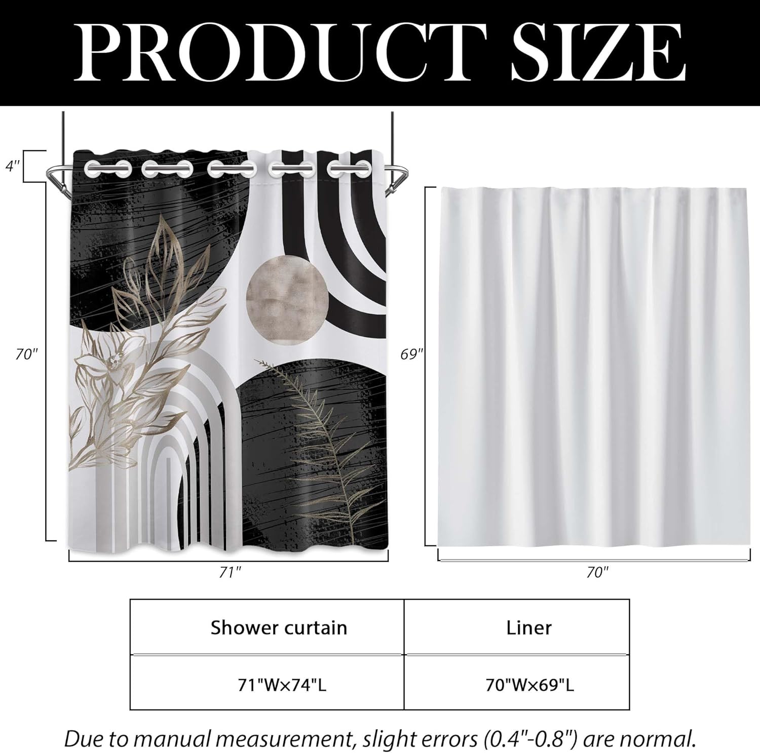 Black and White Boho Hookless Shower Curtain with Snap in Liner Set, Grey Mid Century Modern No Hook Shower Curtains for Mens Bathroom, Liner with Magnets, Waterproof Cloth Fabric, 71x74 in