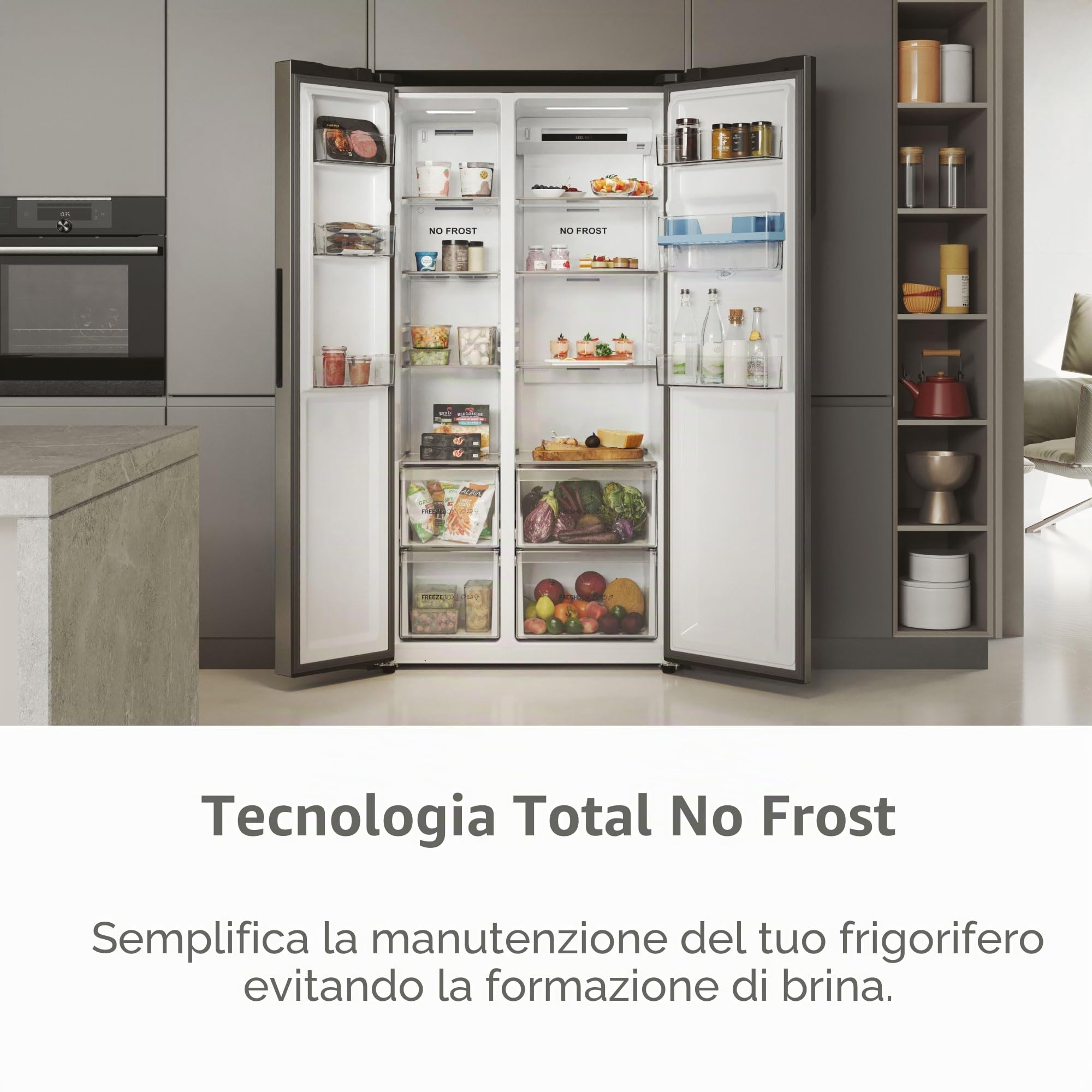 Haier SBS 90 Series 5 HSR5918DWMP - Frigorifero Side by Side, con erogatore di acqua, apertura porte 90 gradi, motore inverter, totale no gelo, larghezza 90 cm, capacità XXL 521L, illuminazione a LED