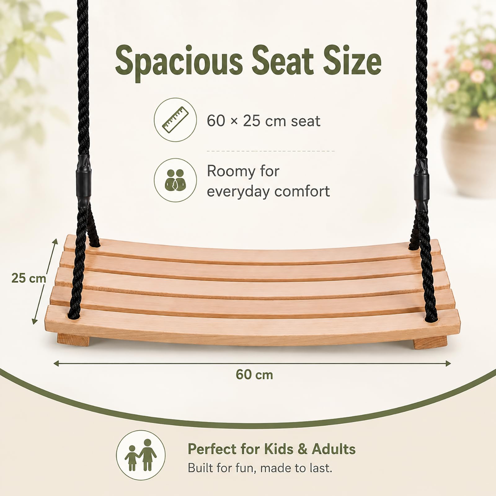 Altalena per esterni, altalena in legno, per adulti e bambini, da giardino, con corda regolabile, per interni ed esterni (60 x 25 cm)