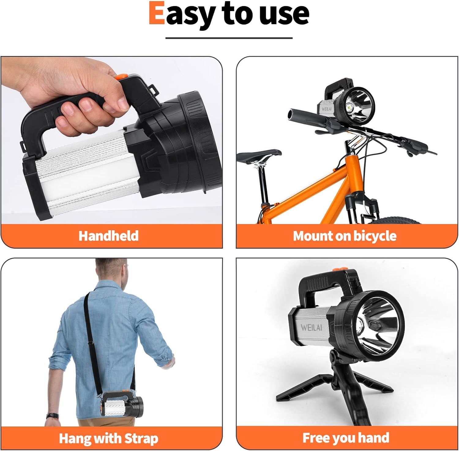 Super Bright Handheld LED Flashlight, USB Rechargeable Powerful Searchlight with 6 Light Modes, Waterproof Tactical Torch, Portable Lantern with Side Floodlight for Camping, Hunting, Emergency