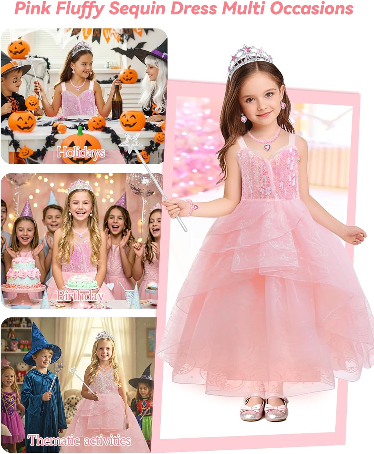 Girls Wicked Glinda Dress Costume, Pink Tulle Sequin Witch Princess Dresses for Girls Kids Halloween Christmas Cosplay