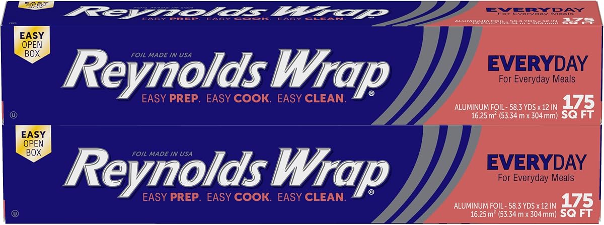 Wrap Everyday Aluminum Foil Rolls, 12 Inch, 2pk, 175sq ft rolls | 2-Roll Bulk Pack, Ideal For Grilling, Baking, Covering Dishes, Storing Leftovers, Tough and Durable, 58.3 yds x 12 in each