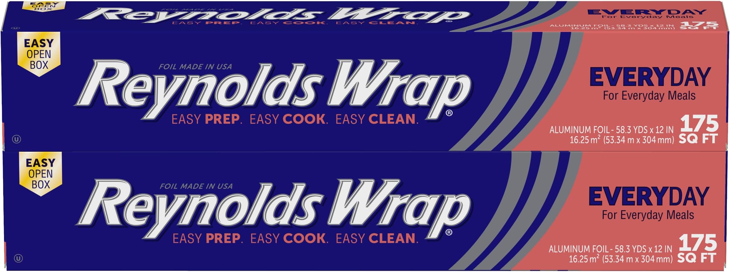 Reynolds Wrap Aluminum Foil Pack, Aluminum Foil Roll Double Pack, Easily Moldable Around Food for a Tight Seal, Great for Covering Dishes and Storing Leftovers, 2 Pack, 175 Sq. Ft. Rolls