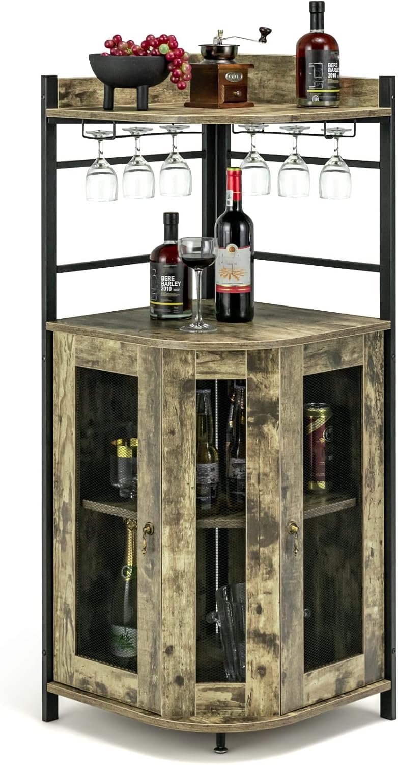 FANTASK Armadio da bar industriale, armadietto per vino con supporto in vetro, bar in metallo