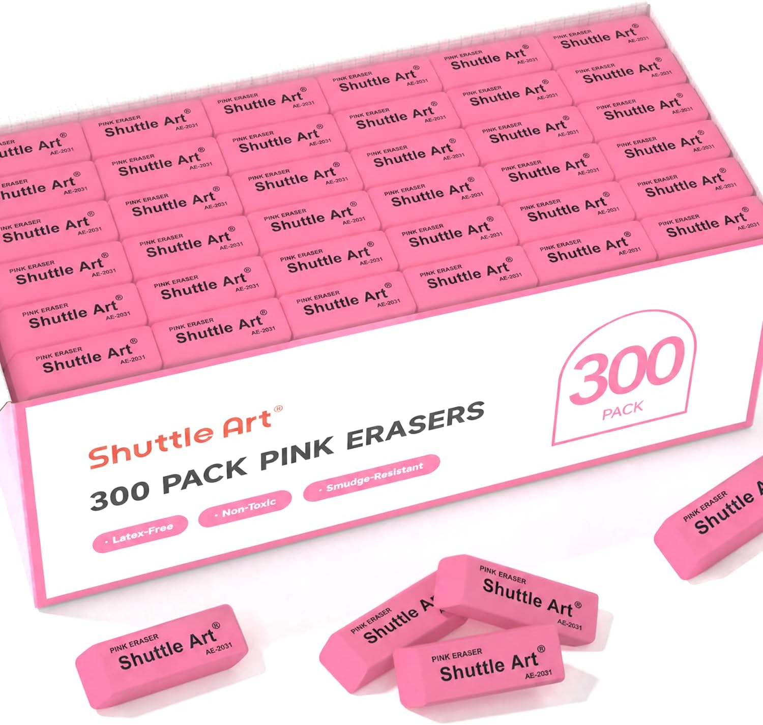 Shuttle Art Pink Erasers, 300 Pack Bulk for School, Office, Latex-Free Soft Erasers for Kids, Teachers as School Supplies