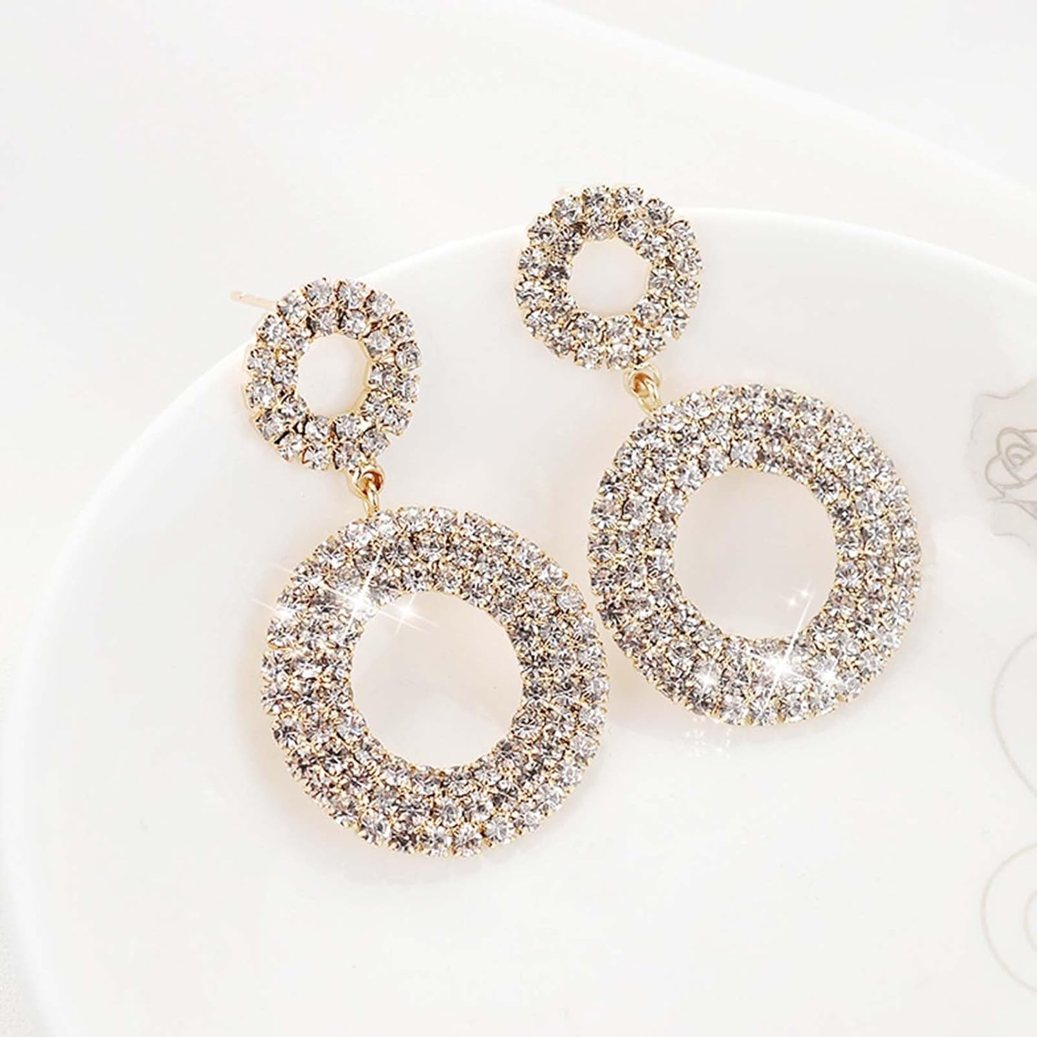 W WEILIRIAN Boho Crystal Circle Dangle Earrings for Women Rhinestone Circle Drop Earrings Gold Hollow Circle Earrings Statement Geometric Earrings Sparkly Dangle Earrings Jewelry for Girls - Image 3