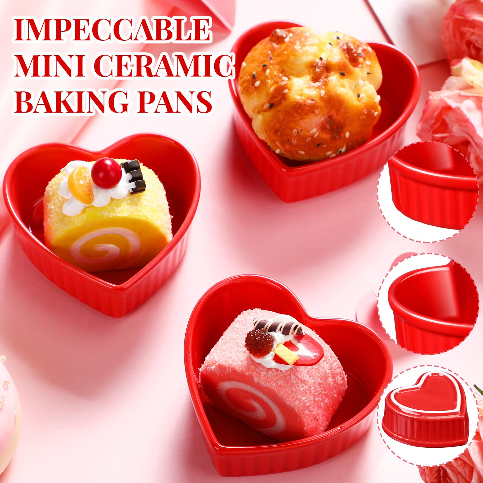 Reallnaive 8 ramequines en forma de corazón para crema brulee aptos para horno, 3.54 x 3.54 x 1.57 pulgadas, cuencos pequeños de cerámica para hornear, aperitivos, quiche, aperitivos, salsas (rojo)