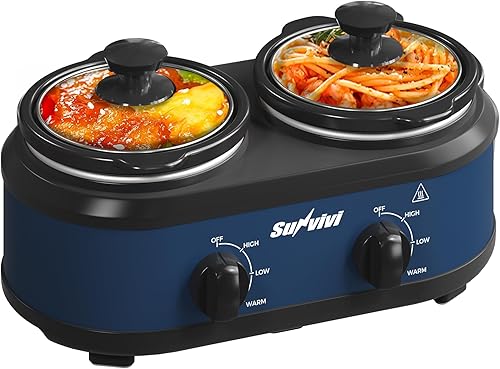 Sunvivi Doble olla de cocción lenta, 2 ollas extraíbles, mini servidor de buffet y calentador con temperatura ajustable, tapas de vidrio visible,