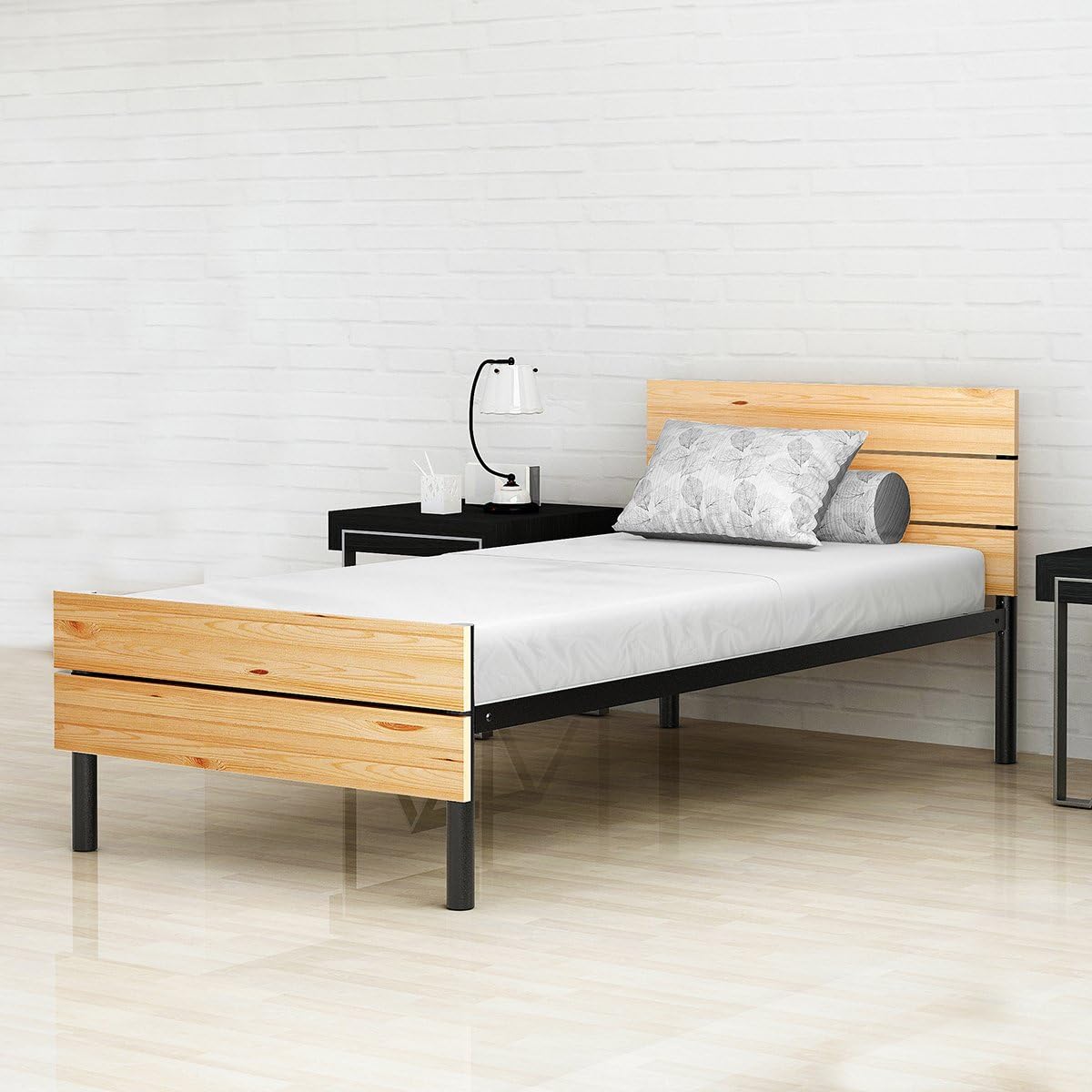 Benne Twin Size Metal Bed with Solid Wood Foot/Head Rest (Black/Natural Pine)