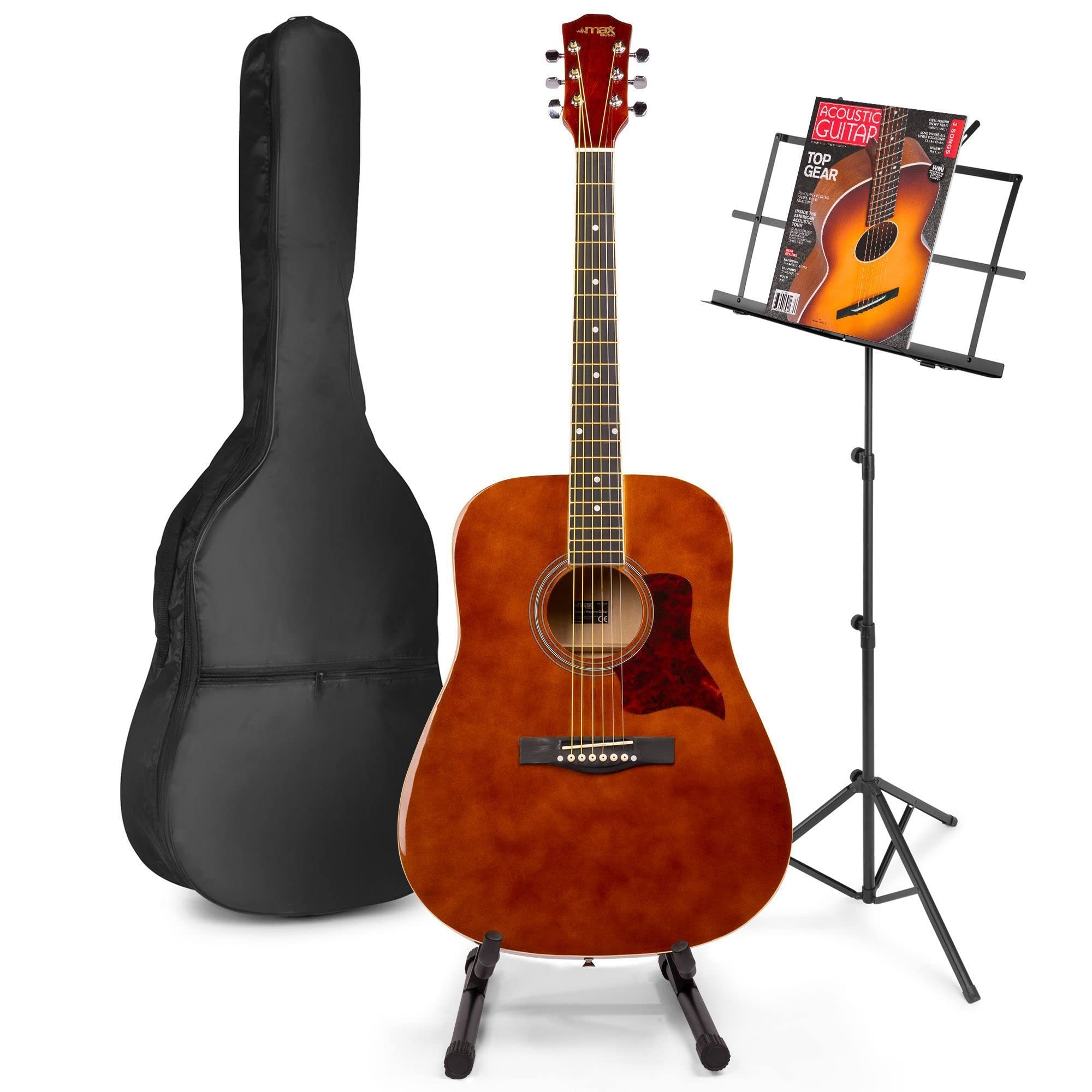 MAX SoloJam Westerngitarre, Akustik Gitarre Set, Acoustic Guitar, Akustikgitarre 4/4 mit Tasche, Gitarrenständer, Notenständer, Stimmgerät, Schultergurt, Saiten, akoestische Anfängergitarre, Holzbraun