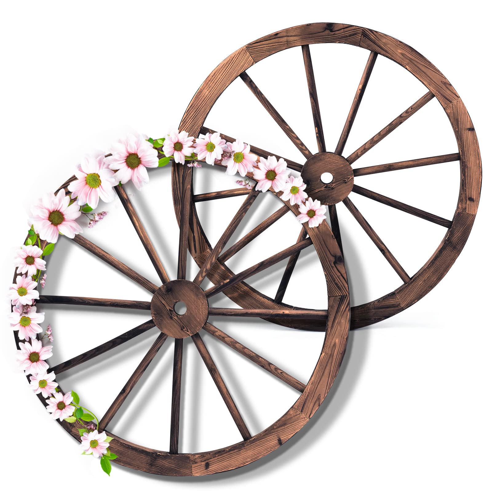 RELAX4LIFE Lot de 2 Roues Décoratives en Bois de Sapin Carbonisé | Décoration de Jardin Vintage avec Tôle de Fer Anti-corrosion et Anti-insectes pour Bar et Restaurants