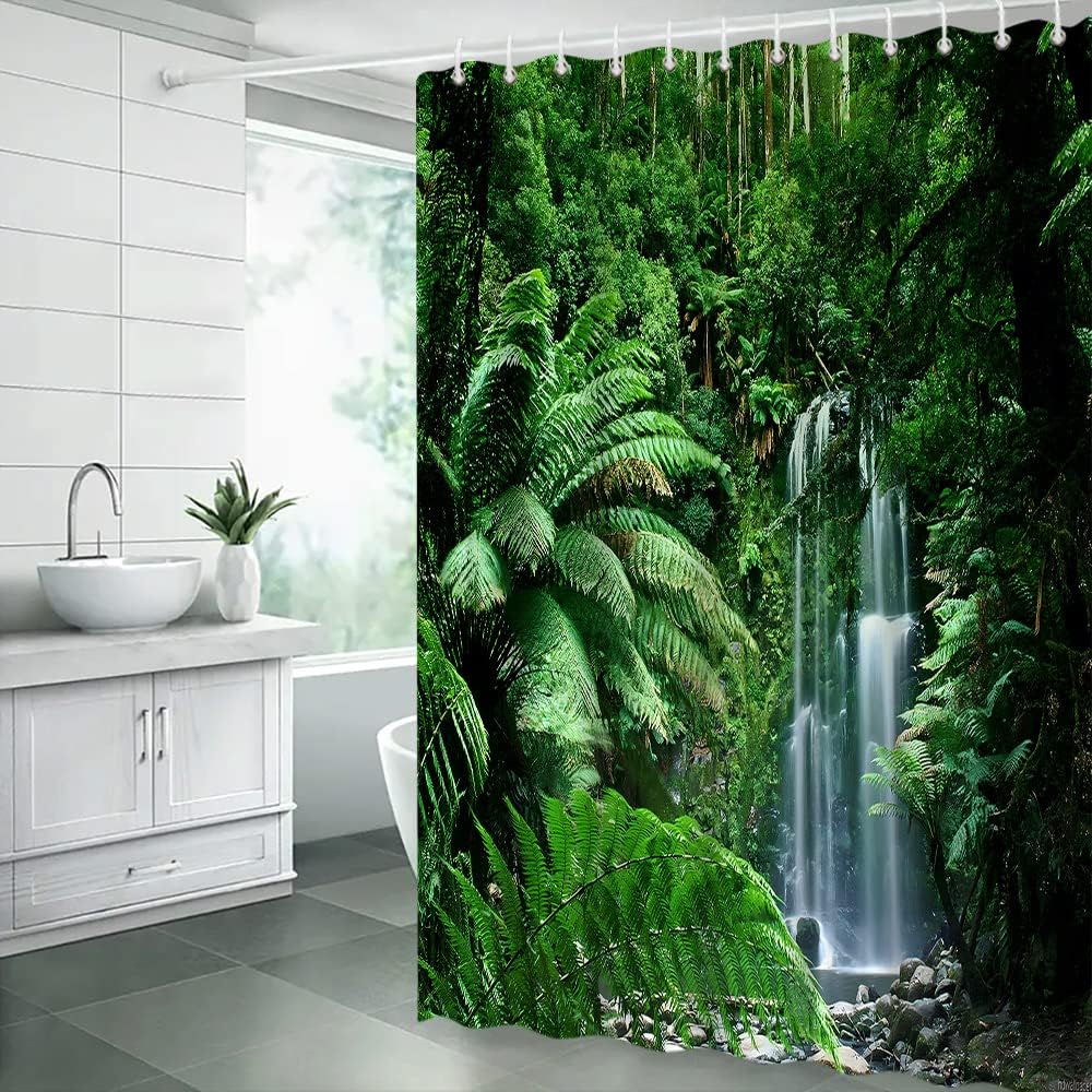 Rainforest Shower Curtain Tropical Jungle Forest Waterfall Palm Leaves Nature Scenery Polyester Bathroom Curtains with Hooks