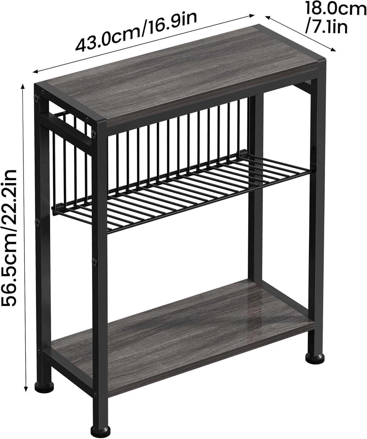Side Table for Small Spaces, Narrow End Table with Magazine Holder, 2 in 1 Design Slim Side Table, Skinny Nightstand for Living Room Bedroom, Thin Side Magazine Table, Grey