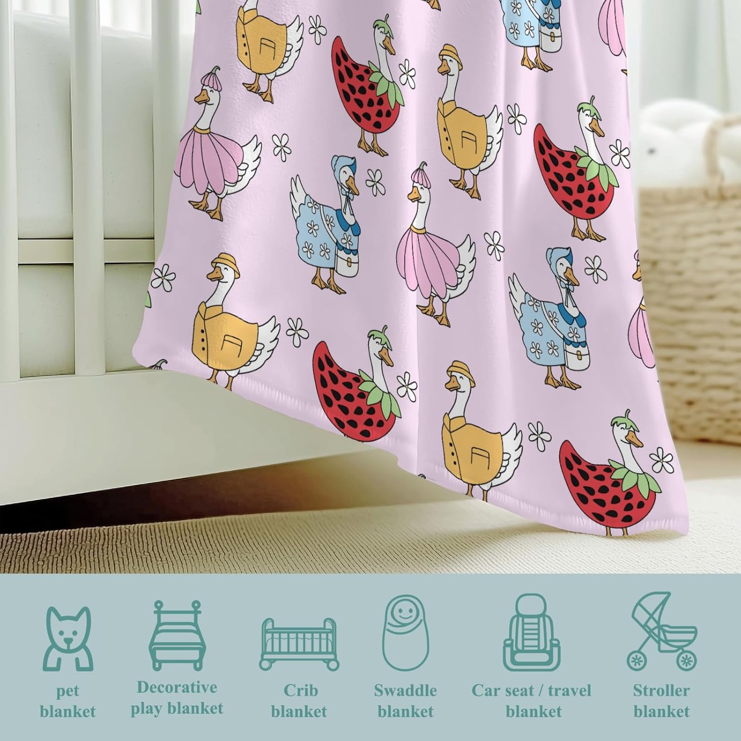 Cartoon Geese Daisy Floral Baby Boy Girl Blankets Flannel Fleece Nursery Cute Duck Strawberries Flowers Spring Bed Receiving Swaddle Breathable Toddler Infant Newborn Blanket for Crib Stroller