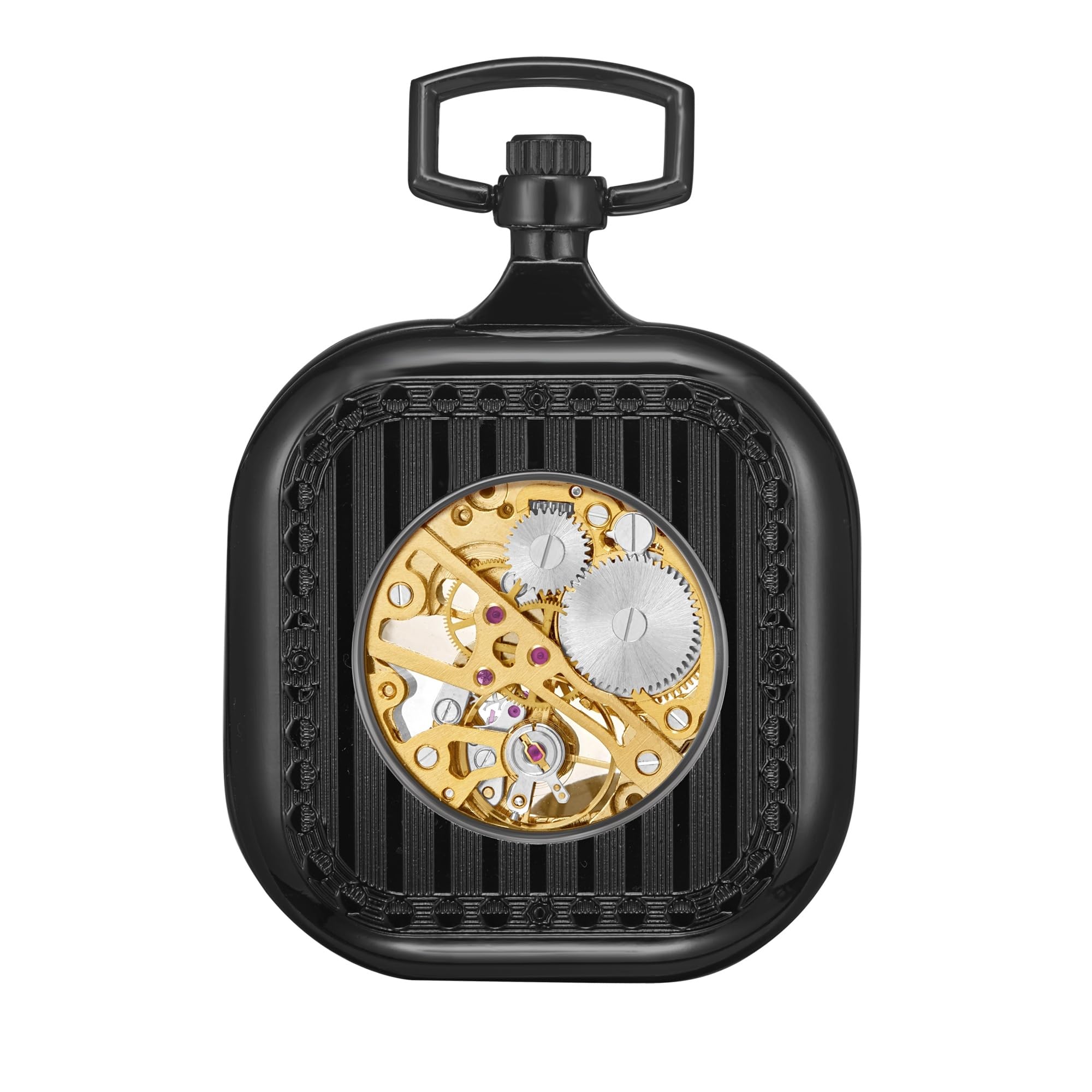 Zegarek kieszonkowy czarny szkielet mechaniczny ruch ręka wiatr cyfry rzymskie kwadratowa tarcza Steampunk PW-70