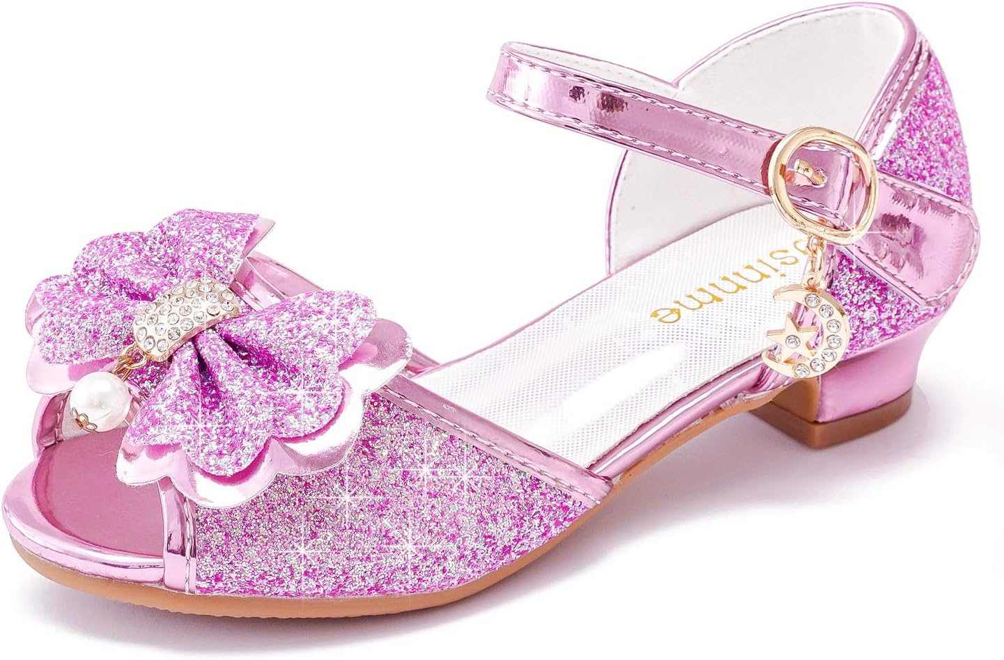 Osinnme Girls Glitter Heeled Sandals for Wedding Princess Dress Shoes Size 13.5 M Sequin Wedge Crystal High Heel Sandals Girls Rhinestone Cute Platform (Pink 33)