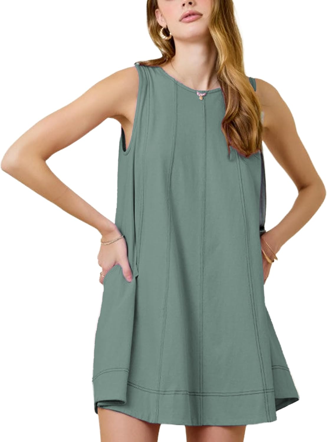 Women’s Sleeveless Mini Dress Casual A-Line Swing Dress with Pockets Contrast Stitching Lightweight Summer Tank Dress