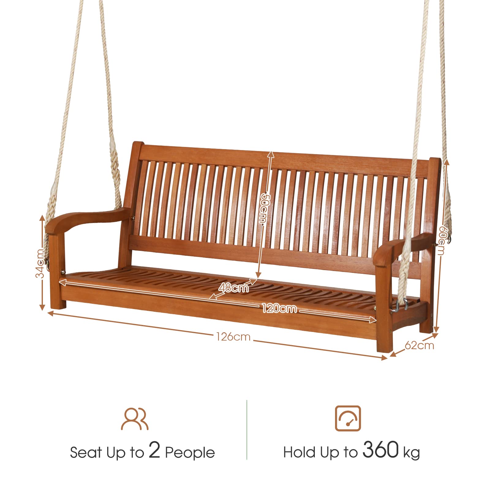 GIANTEX Columpio para Exteriores de 2 Plazas, Soporta hasta 360 kg, Columpio de Madera para Colgar de Jardín, para Balcón, Porche, Terraza