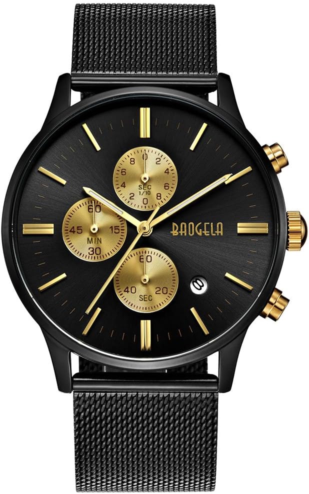 Mens Watches,Dial Stainless Steel Mesh Bracelet Elegant Analog Quartz Chronograph WaterproofLuxury Sports Casual Quartz Wristwatch - BAOGELA Designer