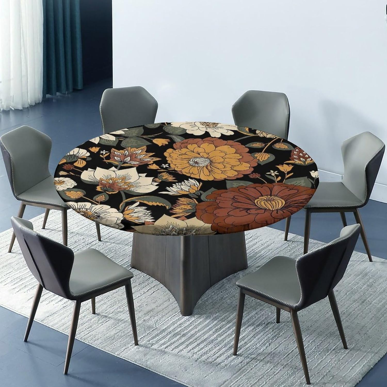 Sunflower Round Tablecloth, Fitted Table Cloth for Dining Room Party Outdoor Picnic, Old Fashioned Letters Postcards Newspapers Fabric Waterproof Wipeable Tablecloths for 48" Round Table