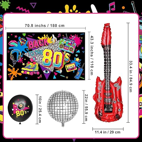 Miniatura 3 de Las decoraciones de fiesta de los años 80 incluyen telón de fondo, pancarta, espirales colgantes, globos de aluminio y látex, adornos para pasteles