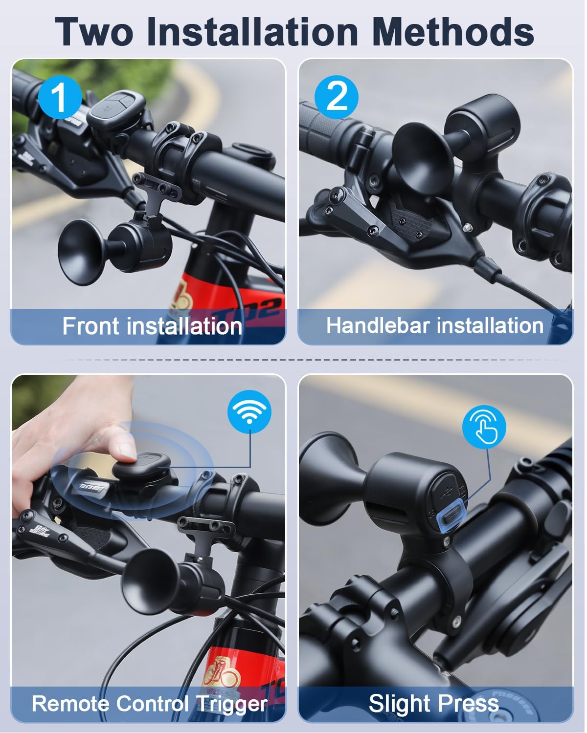 Clacson per bicicletta da 120 dB, con antifurto, clacson elettrico con telecomando wireless USB-C ricaricabile e montaggio a sospensione, campanello per bici per adulti e bambini, scooter