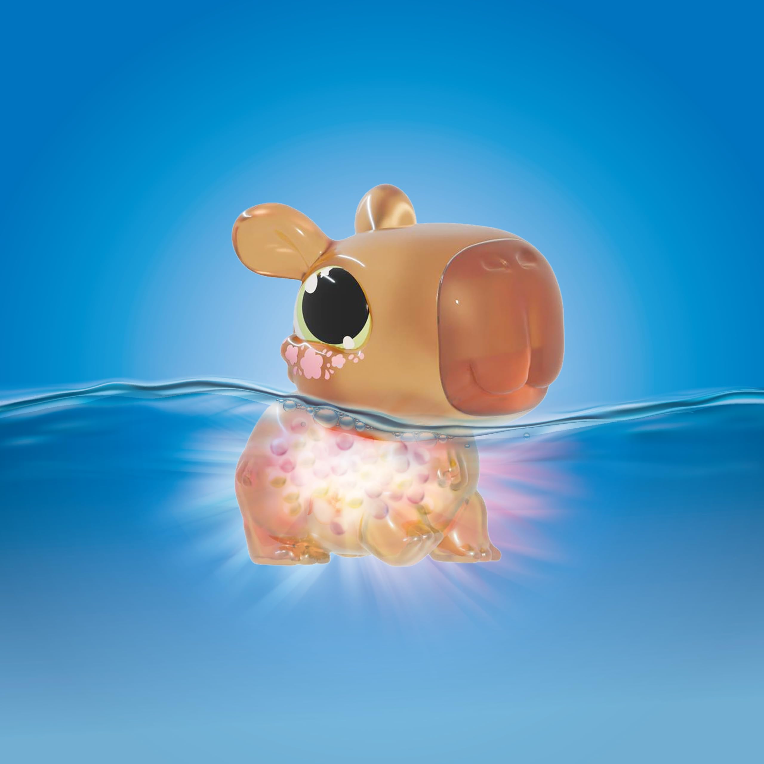 Animagic – Let’s Glo CAPIBARA Spa Time – Juguete Interactivo y Sensorial Luminoso para Niños a partir de 4 Años – Animal Flexible y Estirable: que Brilla en el Agua – Con Accesorios de Spa – Marrón