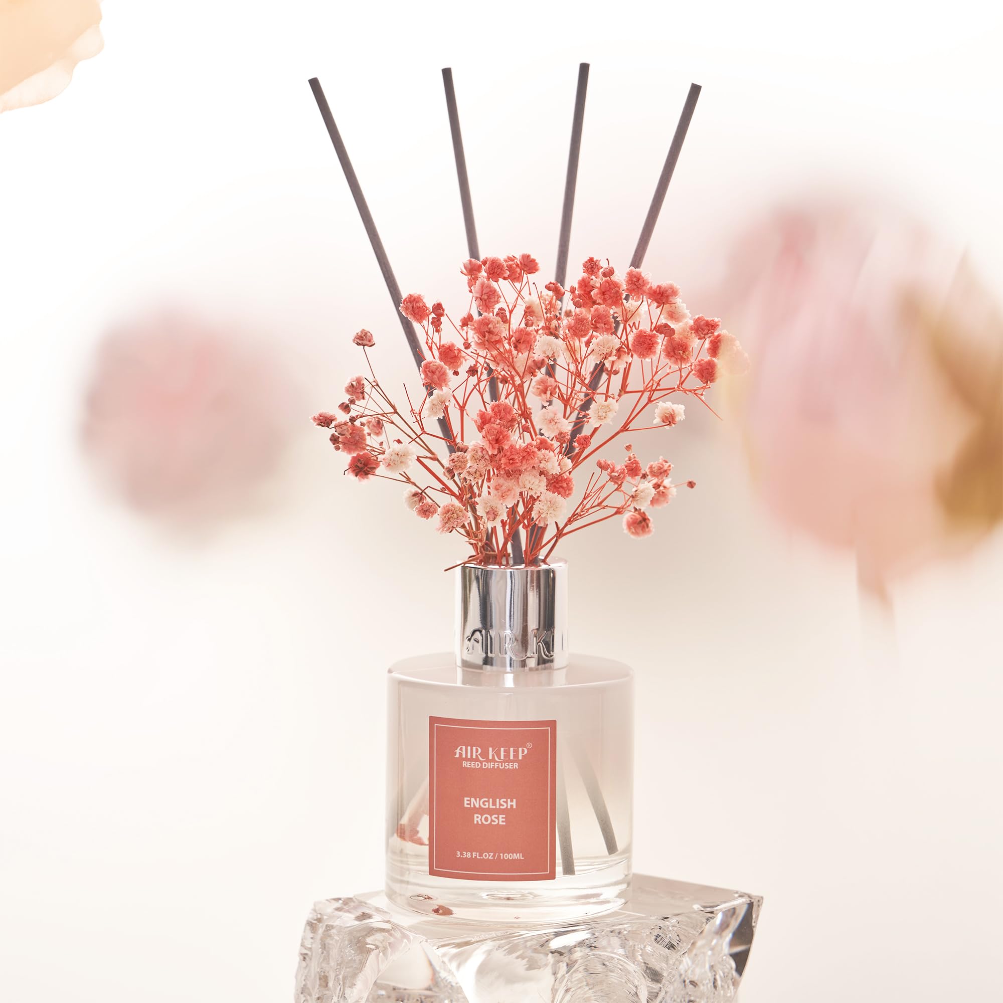 Airkeep Diffusor-Set, 100 ml – Englische Rosenöl-Diffusoren mit 8 Stäbchen, Raumduft-Diffusor für Badezimmer-Regal-Dekor
