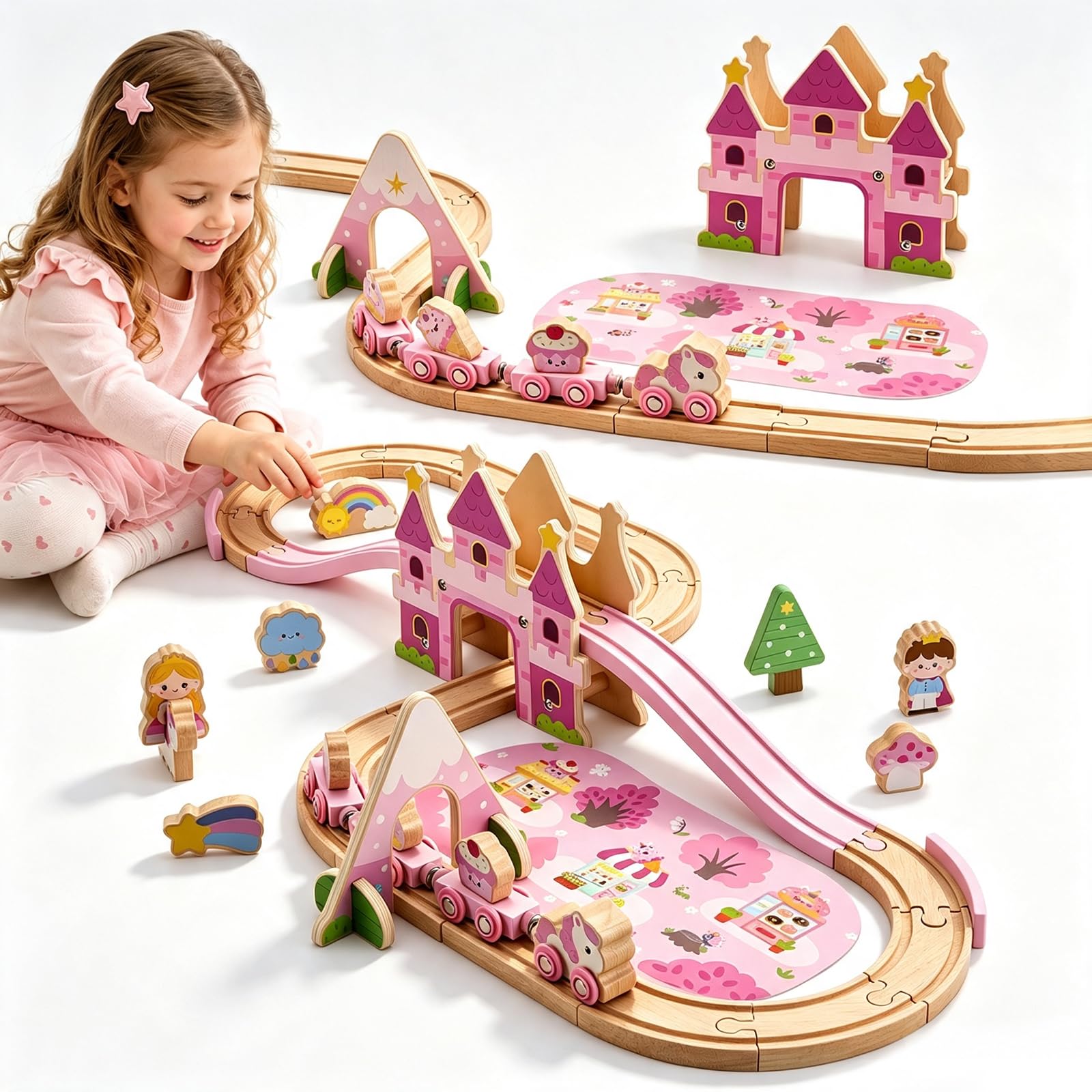 40 PCS Castle Wooden Train Set Unicorn Gifts FSC-Certified Wood Princess Magnetic Train Track with Scene Play Mat Montessori Toddler Toy Birthday Gift for Girl