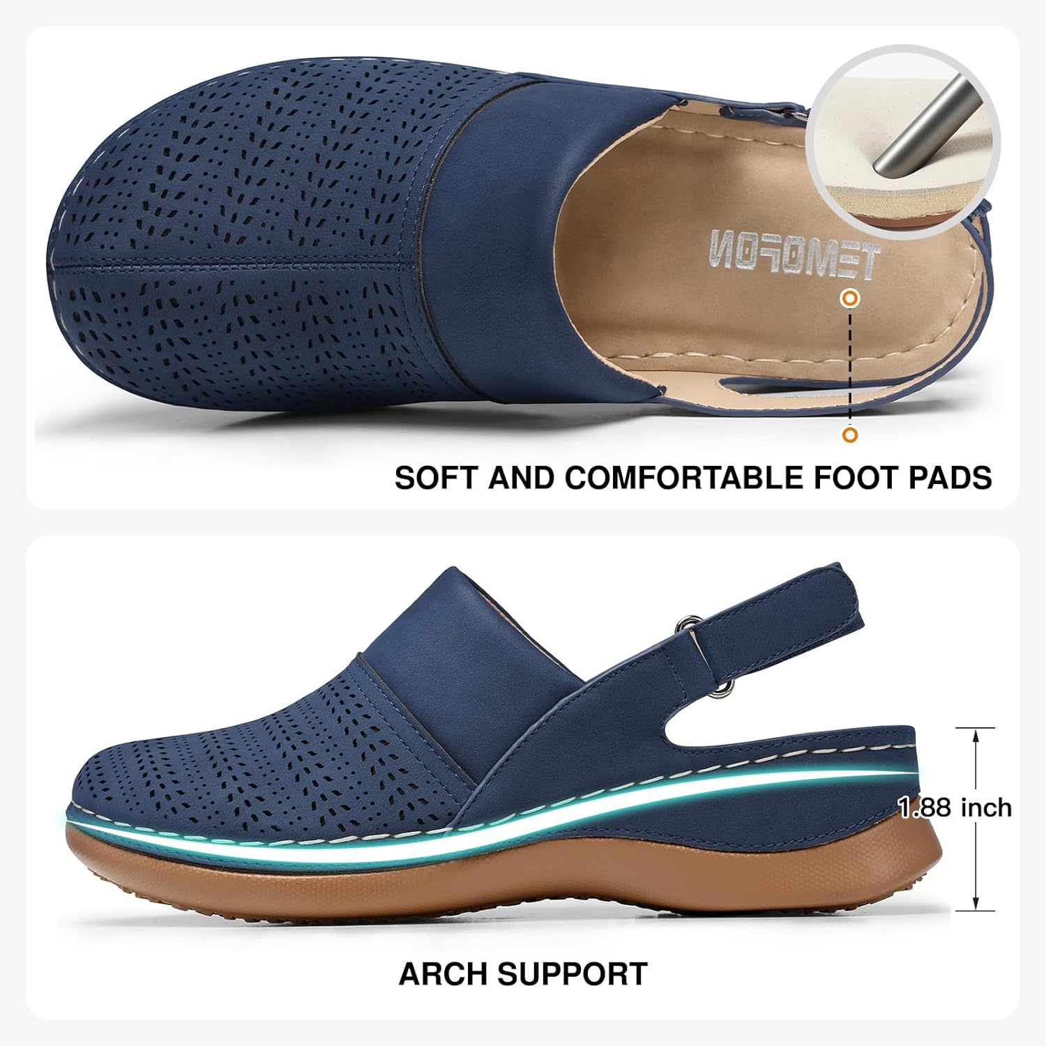 TEMOFON Shoes for Women Clogs Sandals: Comfortable Closed Toe Wedge Shoes Sling-Back Walking Mules with Arch Support Dark Blue Size 9 - Image 4
