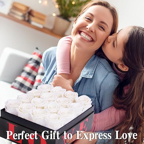 Miniatura 2 de MACTING Flores preservadas de 4 piezas, rosas blancas para siempre con collar y globo en forma de corazón, flores frescas en una caja para San